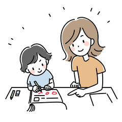 家庭学習でドリルに取り組む親子のイラスト