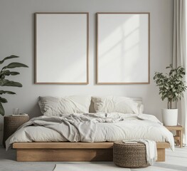 Fototapeta premium Minimalist bedroom with two blank frames above platform bed.