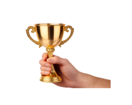 A single human hand holding a victory golden cup in male hand Transparent background PNG,