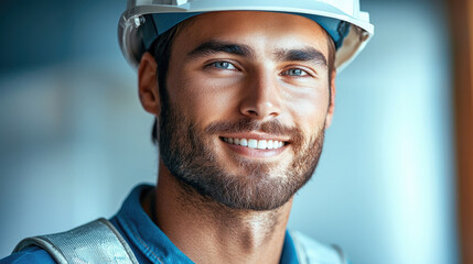 smiling construction worker wearing hard hat and safety gear, exuding confidence and professionalism in work environment. His bright blue eyes and friendly demeanor create positive atmosphere
