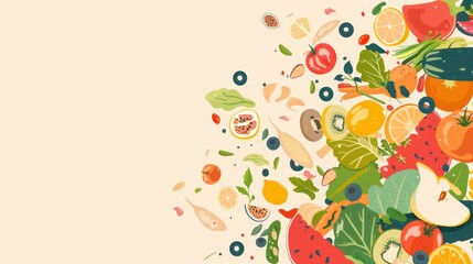 Colorful fruits and vegetables illustrations for stop food waste day campaign. Horizontal banner. Copy space. Flat illustration
