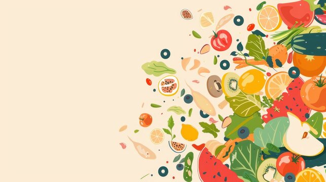 Colorful fruits and vegetables illustrations for stop food waste day campaign. Horizontal banner. Copy space. Flat illustration
