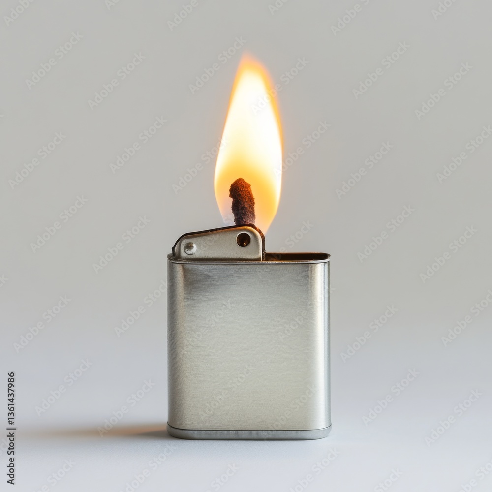 Poster a flickering flame: a modern silver lighter illuminates with a warm and vibrant glow against a minim