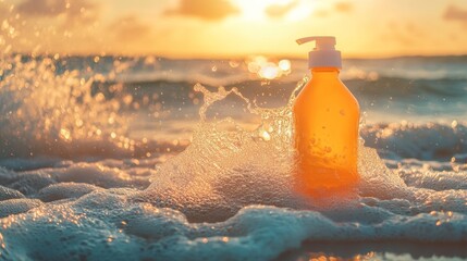 Summer beach bag spilling sunscreen and vitamin e oil with waves crashing at golden hour