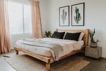 Minimalist bedroom with wood bed, pink linens, and cactus art.