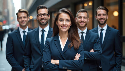 Professional hotel staff team portrait. Confident, smiling employees in suits, ties. Business team, corporate portrait, teamwork concept. Successful hotel staff stands together. City background.