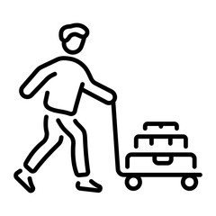 A character pushes a luggage carrier, line style icon 