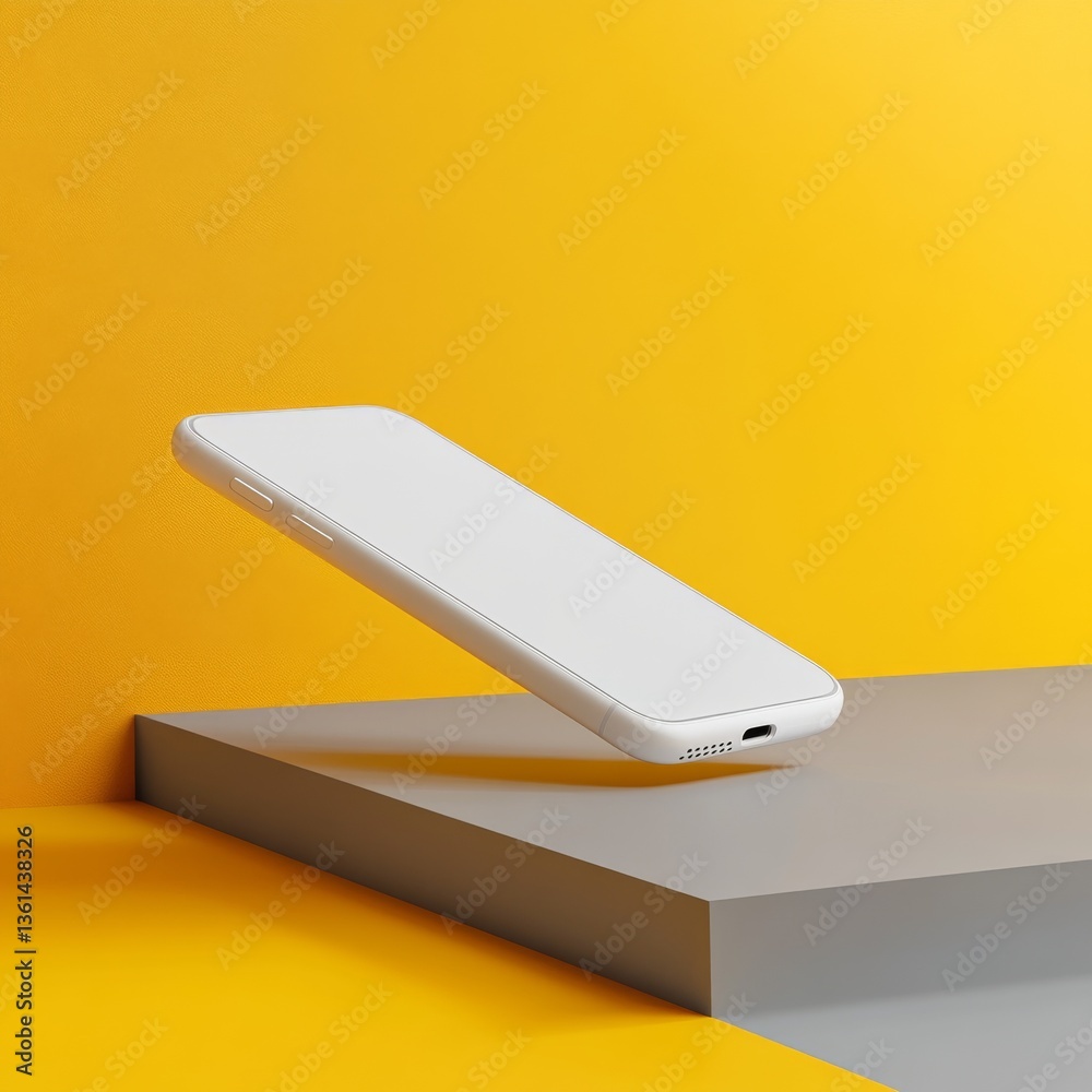 Aufkleber clean white smartphone mockup floating on a gray platform with a bright yellow background