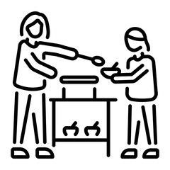 A linear style icon of a volunteer opening a soup kitchen 