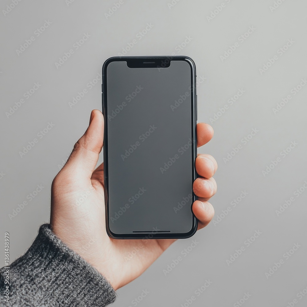Aufkleber hand holding a smartphone device with a blank screen against a light gray background
