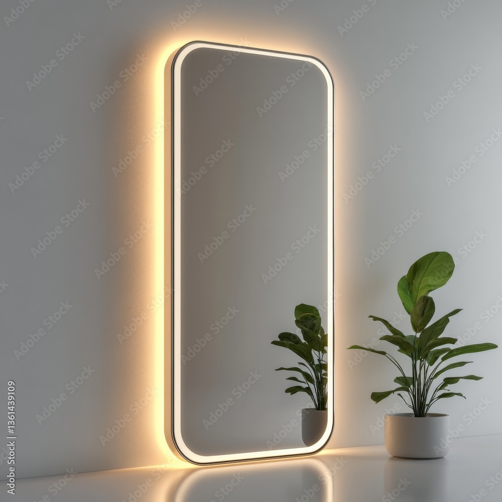 Aufkleber illuminated mirror with rounded edges in minimalist setting alongside green plants in white pots, re