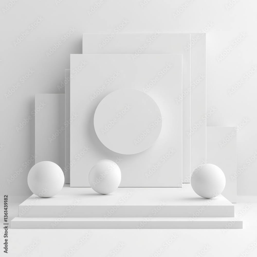Poster minimalist abstract: white geometric shapes and spheres on a layered platform