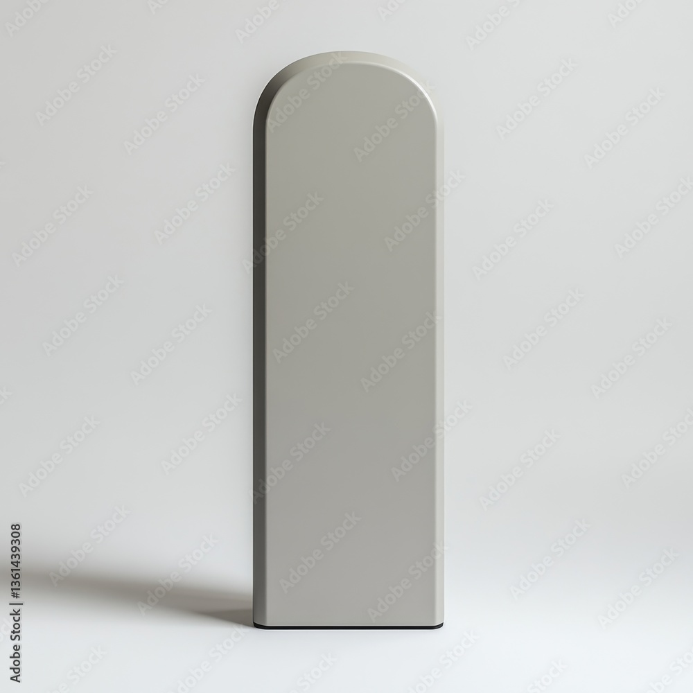 Poster minimalist grey rounded rectangular prism isolated on white background, studio shot