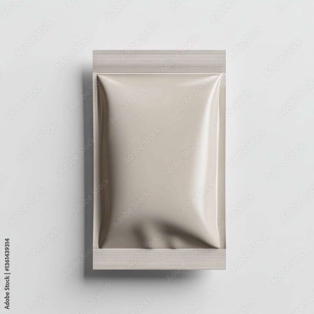 Poster minimalist packaging mockup: clean white sachet with textured border on a flat background for brandi