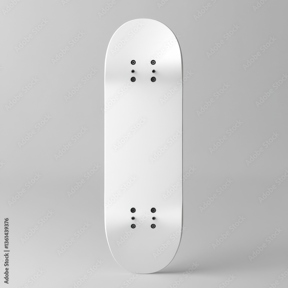 Poster minimalist product shot of a blank white skateboard deck on a light gray background for design mocku