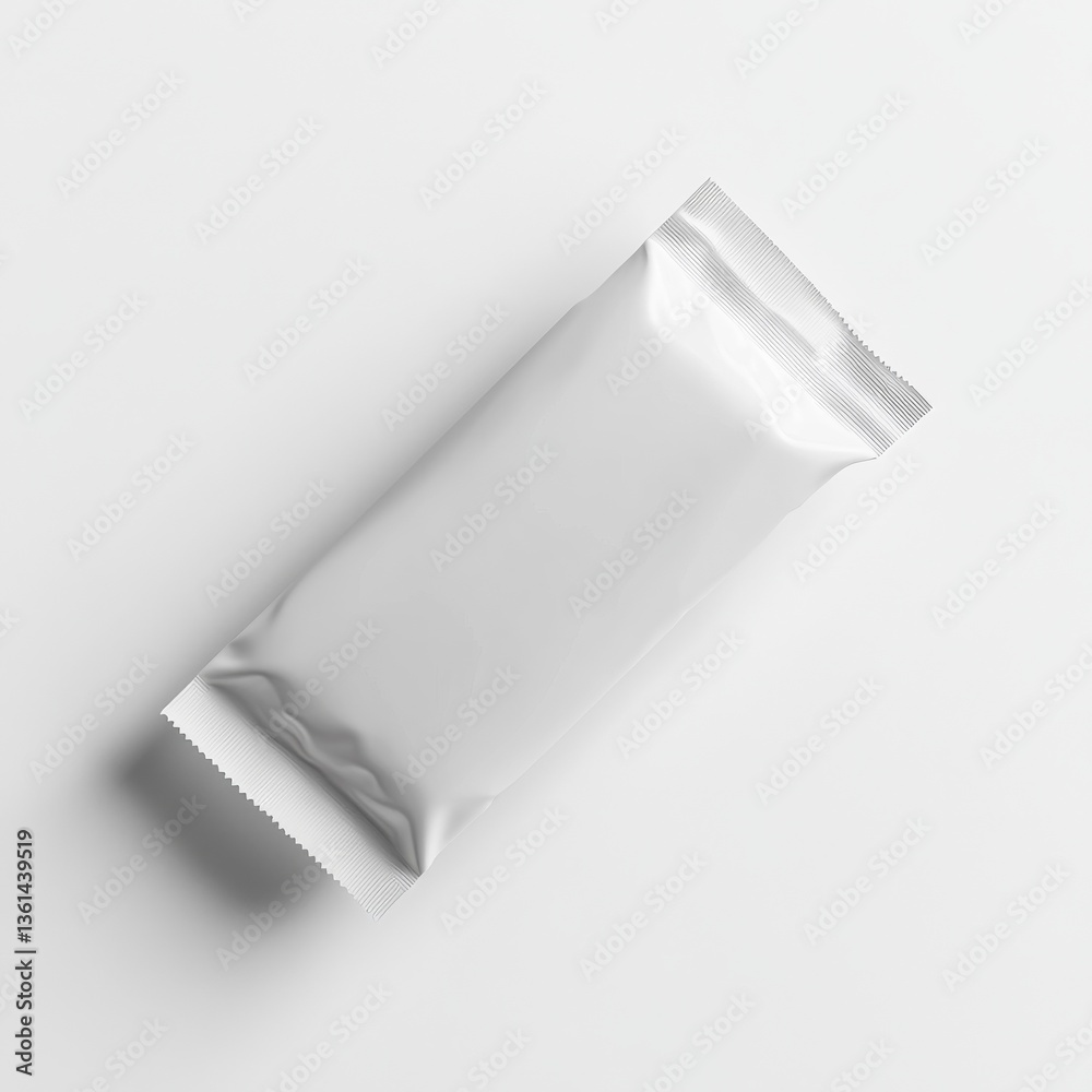 Poster minimalist stock image of blank white snack bar wrapper on a white surface for packaging mockup