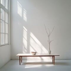 Minimalist Still Life with Sunlight and Shadow: A Bowl and Vase on a Table in a White Room
