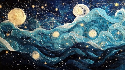 Starry Night Embroidery: Celestial Landscape in Blues and Golds