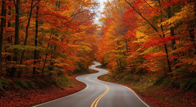 Winding Asphalt Road Through Colorful Autumn Forest