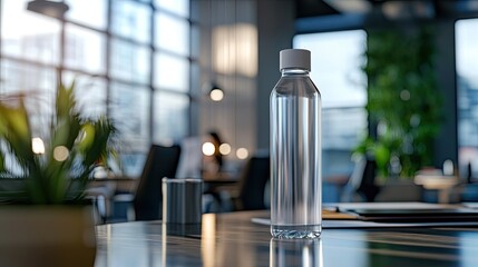 Office Hydration: Water Bottle on Desk.