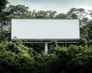 Blank billboard in lush green forest.