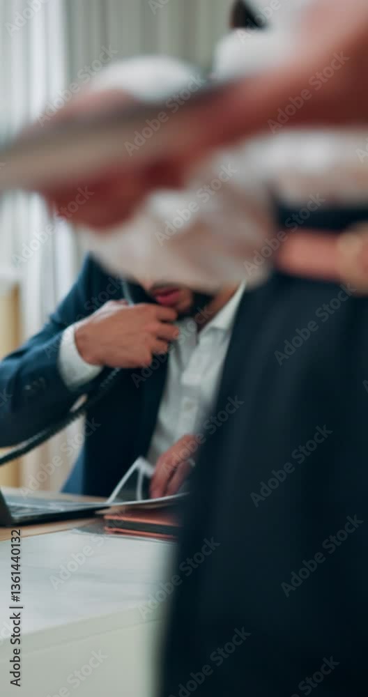 Poster business man, talk and phone call with document in office, client feedback and proposal report. acco