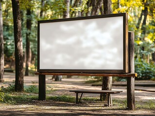 Blank billboard in park with bench.