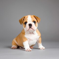 An adorable fawn-colored English bulldog puppy sits patiently against a neutral gray background, showcasing its endea features and sweet expression in a professional studio