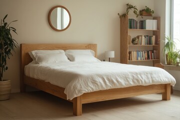 Minimalist bedroom with wooden bed, linen bedding, and bookshelf.