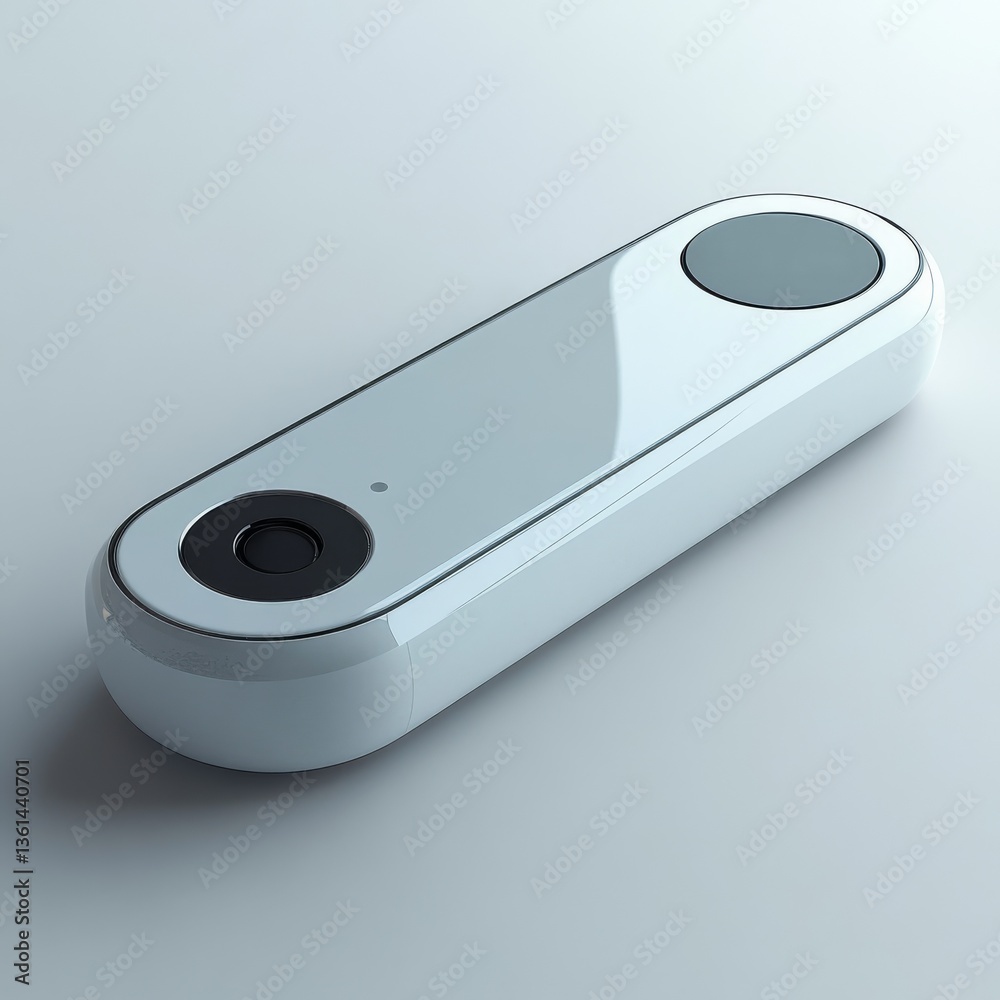 Aufkleber Sleek Minimalist Device: A close-up studio shot showcasing a modern, white, elongated gadget with circular buttons on a subtle background.