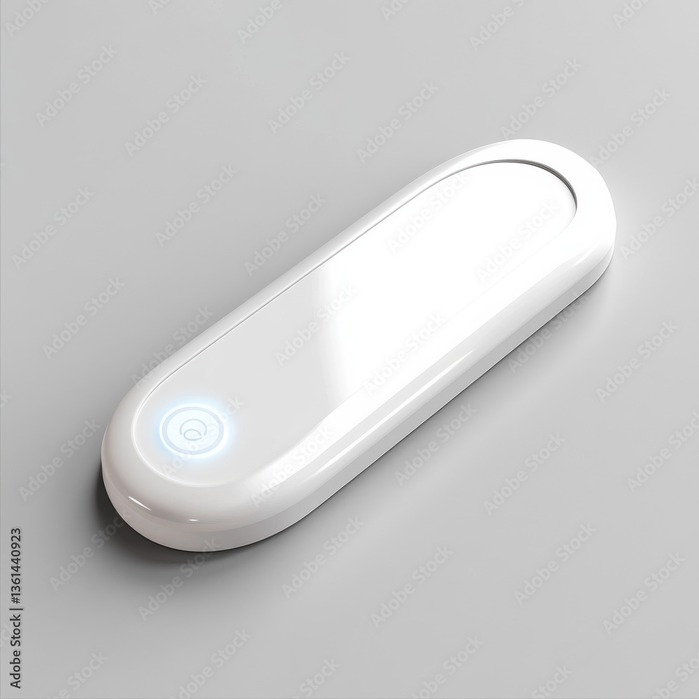 Poster Sleek White Smart Device with Glowing Button on a Clean Gray Background, Modern Technology and Minimalist Design 
