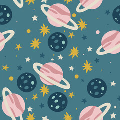 Space Planet Seamless Pattern with Stars