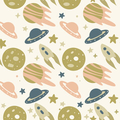 Space Planet Seamless Pattern with Stars