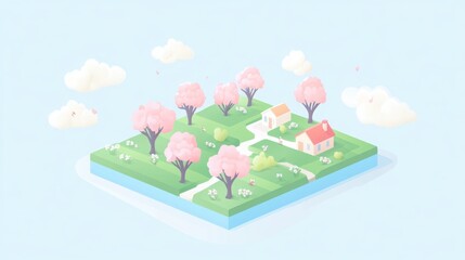 Fototapeta premium Spring landscape with blooming trees and tiny houses under soft blue sky. Generative AI