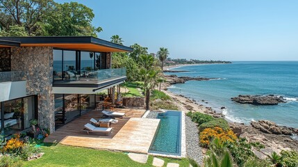 Fototapeta premium A luxurious seaside villa with a beautiful ocean and sky view