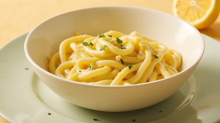 Fettuccine in Zesty Lemon Cream Sauce with Parsley Garnish