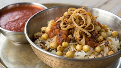 Fototapeta premium A bowl of rice topped with spices, beans, and a side of sauce.