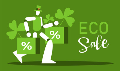 St. Patrick's Day discounts. AI Robot in leprechaun costume with sale bags. Flat vector illustration.