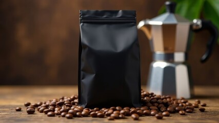 black bag of coffee on the table among the beans