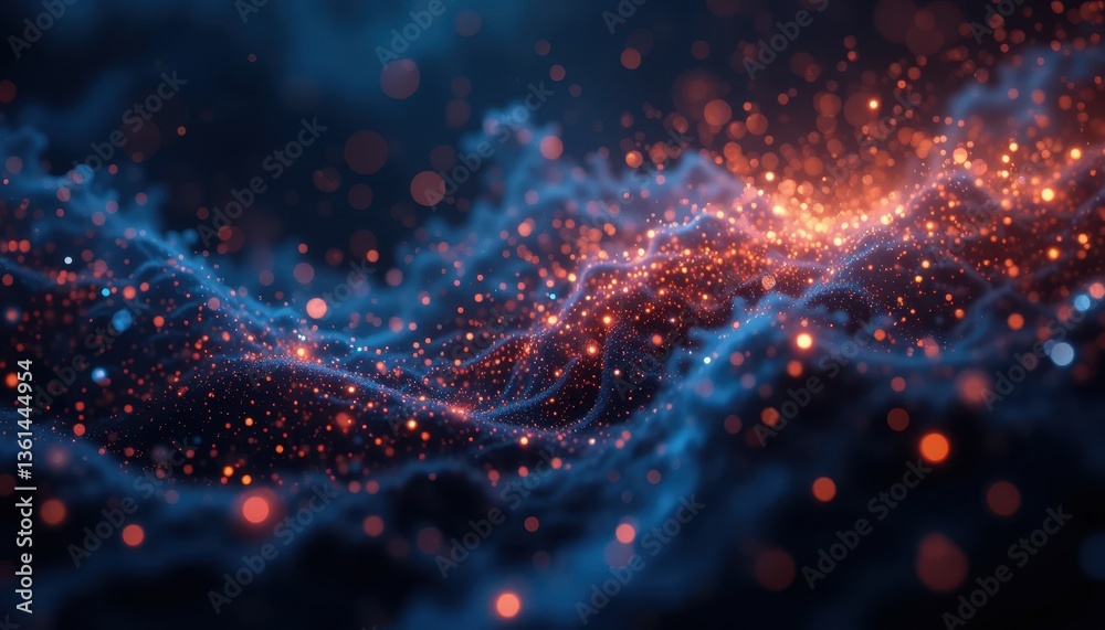 Wall mural glowing abstract wave of particles in dynamic motion with blue and orange luminescence