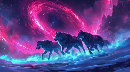 Cosmic Wolfpack: A Night of Serenity Under Aurora's Dance