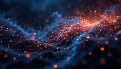Obraz premium Glowing abstract wave of particles in dynamic motion with blue and orange luminescence