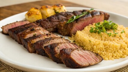 Grilled steak served with couscous and garnished with herbs on a white plate.
