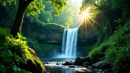big wide waterfall in the jungle in summer on a sunny day