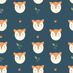 Seamless pattern of  Squirrel face with bean and leaf shapes. for poster, fabric pattern, wrapping paper, kids t-shirt, on dark grey background. Flat art design
