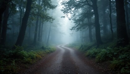 Fototapeta premium Mystical forest path with dense fog and lush greenery in serene landscape