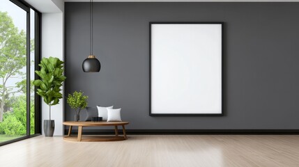 Modern living room interior with blank frame and plant