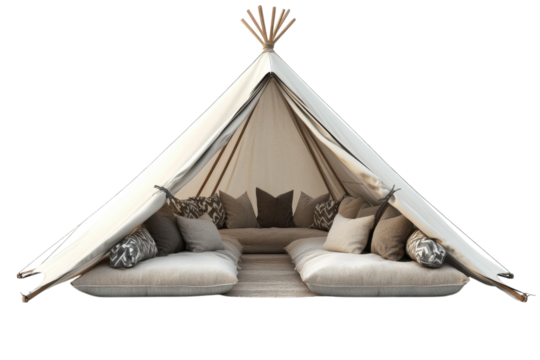 A Cozy Bohemian Teepee, Perfect For Relaxation And Intimate Gatherings, Features Plush Cushions And A Neutral Color Palette Against A Clean Isolated on Transparent Background - Powered by Adobe