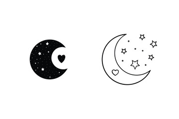 Crescent Moon, Stars, Heart, Night Sky, Celestial, Cute, Simple, Design, Icons, Graphics