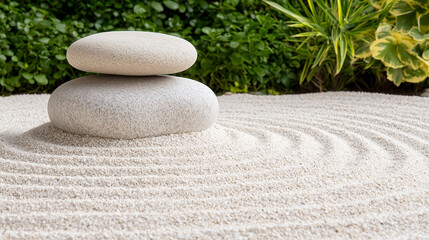 Serene Balance: A close-up captures two smooth, rounded stones delicately balanced atop a bed of meticulously raked sand, evoking a sense of peace and harmony within a minimalist, zen-inspired garden.
